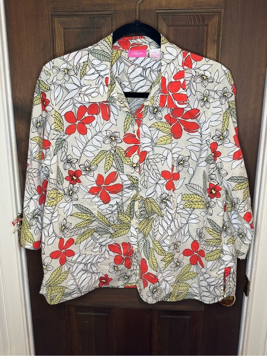 Pappagallo Tops - Pappagallo Red Sage White Floral Button Front 3/4 Tie Sleeve Blouse PXL